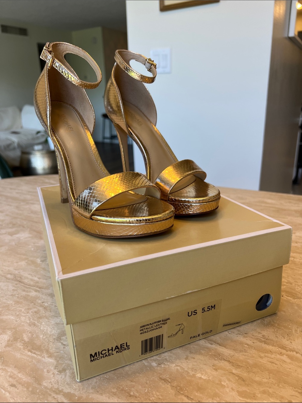 Michael Kors Metallic Gold Snake-Embossed Ankle-Strap Heels